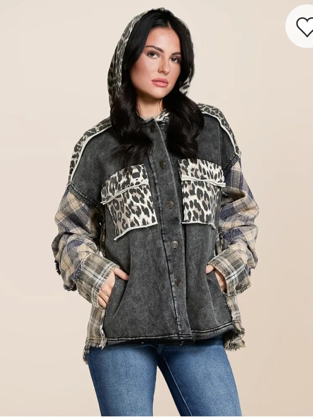 Womens Mixed Cheetah Hooded Shacket - Picture 2 of 7